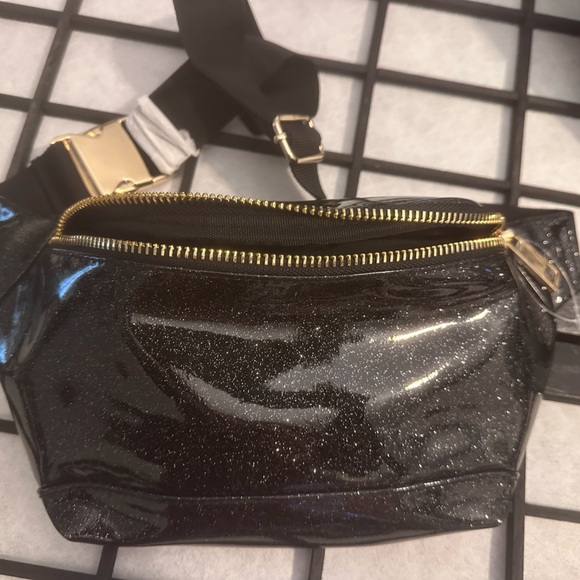 Medium Black Shiny Fanny Pack with Gold Accents - Picture 6 of 11